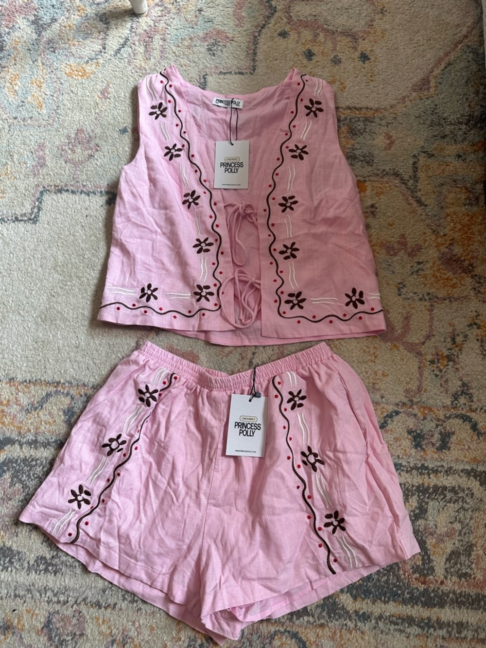 Princess Polly Pink Embroidered Tie-Front Tank & Elastic Waist Shorts Set